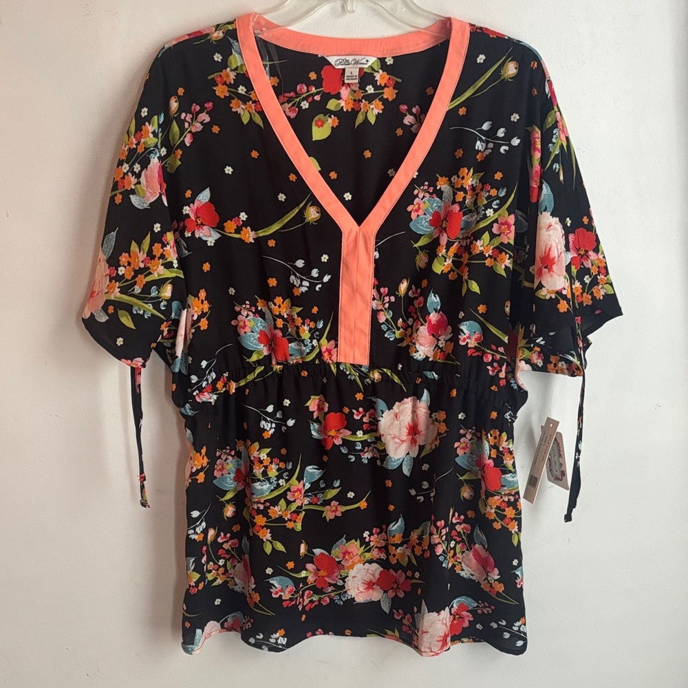 The Pioneer Woman Black Floral V-Neck Blouse with Coral Trim